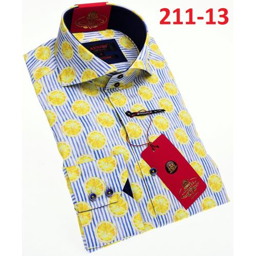 Axxess White / Blue / Yellow Lemon Slice Design Cotton Modern Fit Dress Shirt With Button Cuff 211-13.